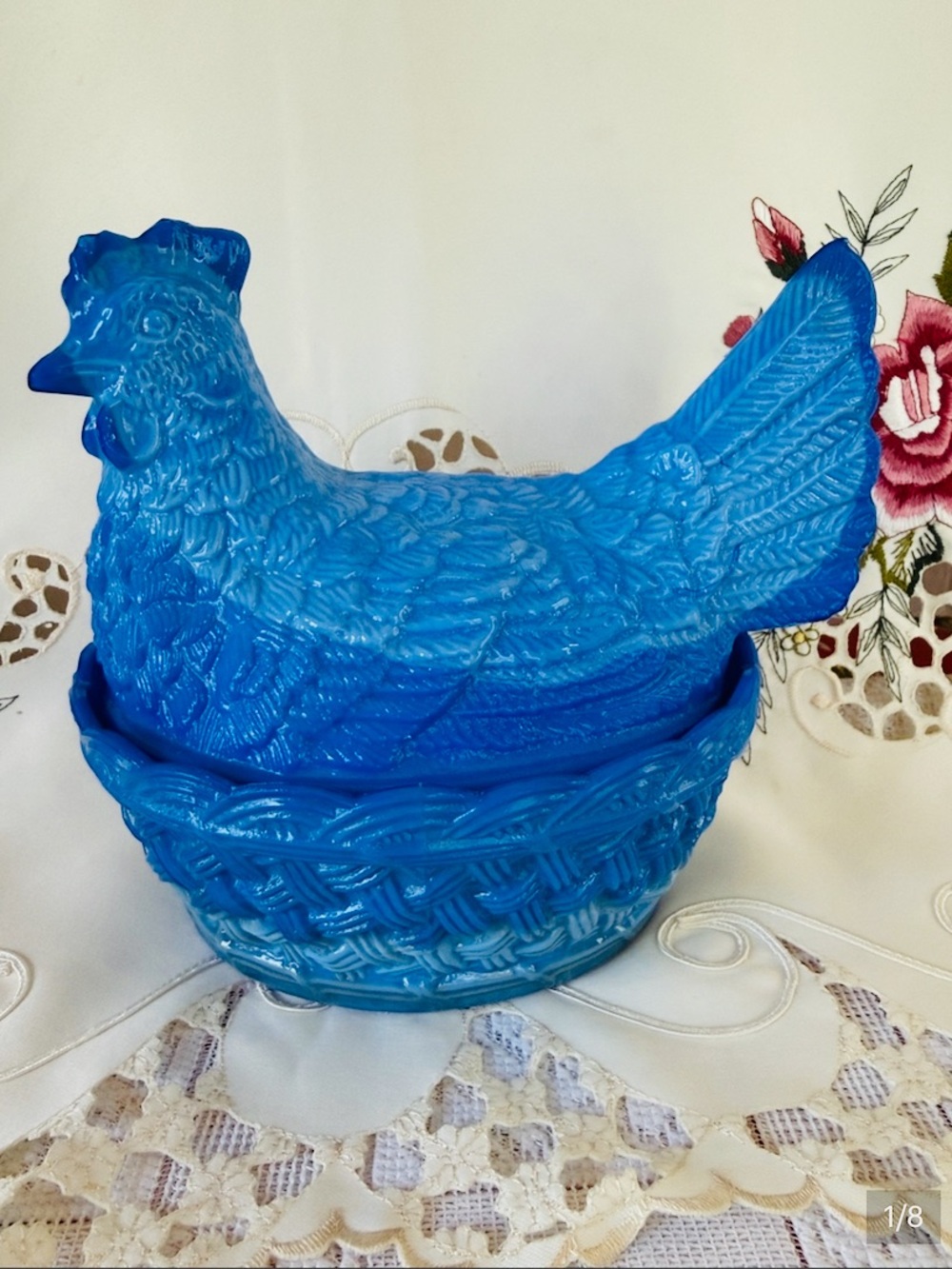 Vintage L.G. Wright Blue Slag Glass Hen on a Nest Covered Candy Dish 2-Piece.